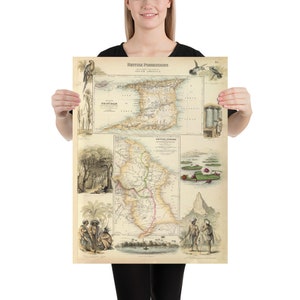 Alte britische Kolonien von Südamerika Karte (1872) Vintage Guyana & Trinidad Atlas Poster