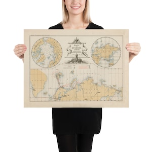 Alte Arktis Exploration Karte (1880) Vintage schwedischen Entdecker Nordpol Routen Atlas Poster