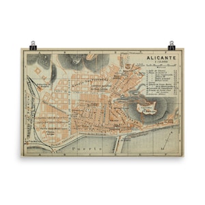 Alicante Spain Map (1913) Old Costa Blanca Port City Atlas Poster