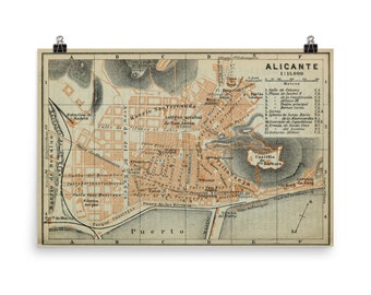 Alicante Spain Map (1913) Old Costa Blanca Port City Atlas Poster