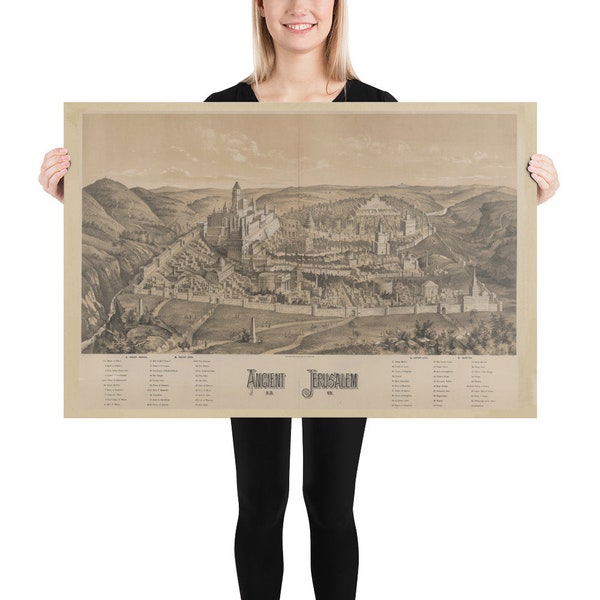 Old Jerusalem Israel Map (1887) Vintage Israeli Holy City Atlas Poster