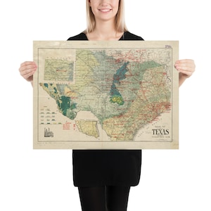 Old Texas Oil and Gas Map (1920) vintage TX Resources Atlas Poster