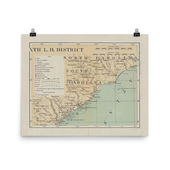 South Carolina Lighthouse Map Old South Carolina Lighthouse Map 1898 Vintage Nautical Sc | Etsy India