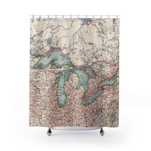 Mapa antigo dos Grandes Lagos (1900) Vintage Superior, Michigan, Huron, Erie e Ontário Atlas Cortina de chuveiro