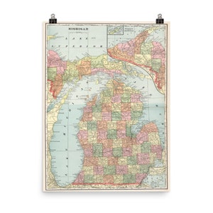 Michigan Map (1901) Old MI State & Counties Atlas Poster