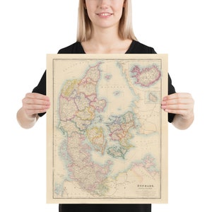 Old Denmark and Iceland Carte (1884) vintage Nordic Counties Atlas Poster