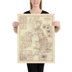 Antiguo mapa ferroviario de las Islas Británicas (1872) Cartel vintage del Atlas ferroviario de Gran Bretaña