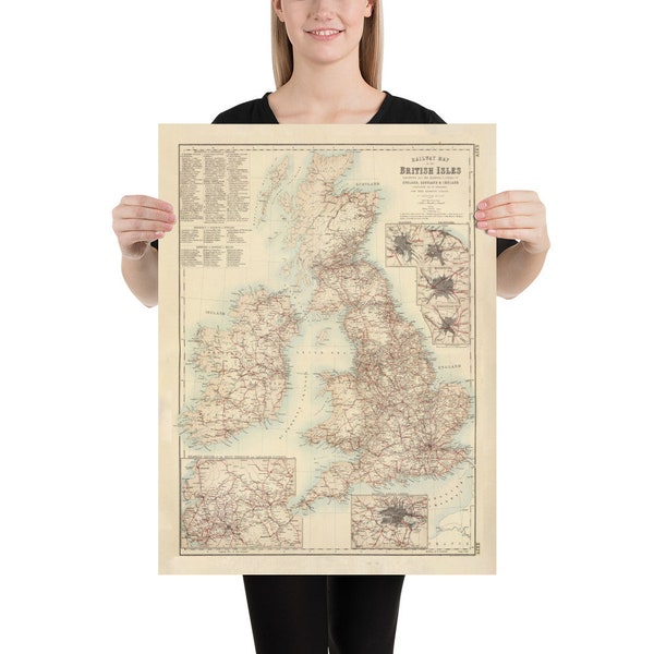 Old British Isles Railway Map (1872) Vintage Great Britain Railroad Atlas Poster