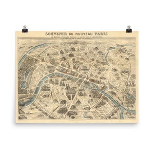 Pôster Antigo Paris França Mapa (1871) Vintage Parisiense Monuments & Marcos Atlas