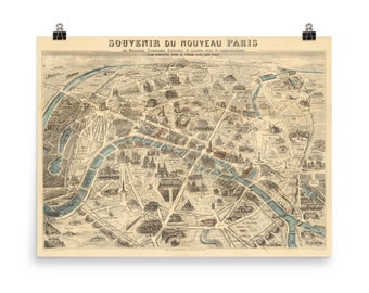 Pôster Antigo Paris França Mapa (1871) Vintage Parisiense Monuments & Marcos Atlas