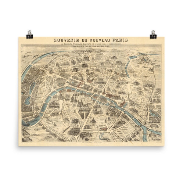 Vieux Paris France carte (1871) monuments parisiens vintage et monuments Atlas affiche