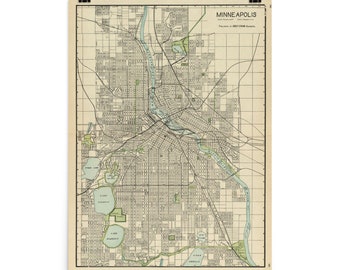 Puede incluir: Mapa vintage de Minneapolis, Minnesota, que muestra las calles y vías fluviales de la ciudad. El mapa está impreso en un fondo color crema con acentos marrones, verdes y azules.