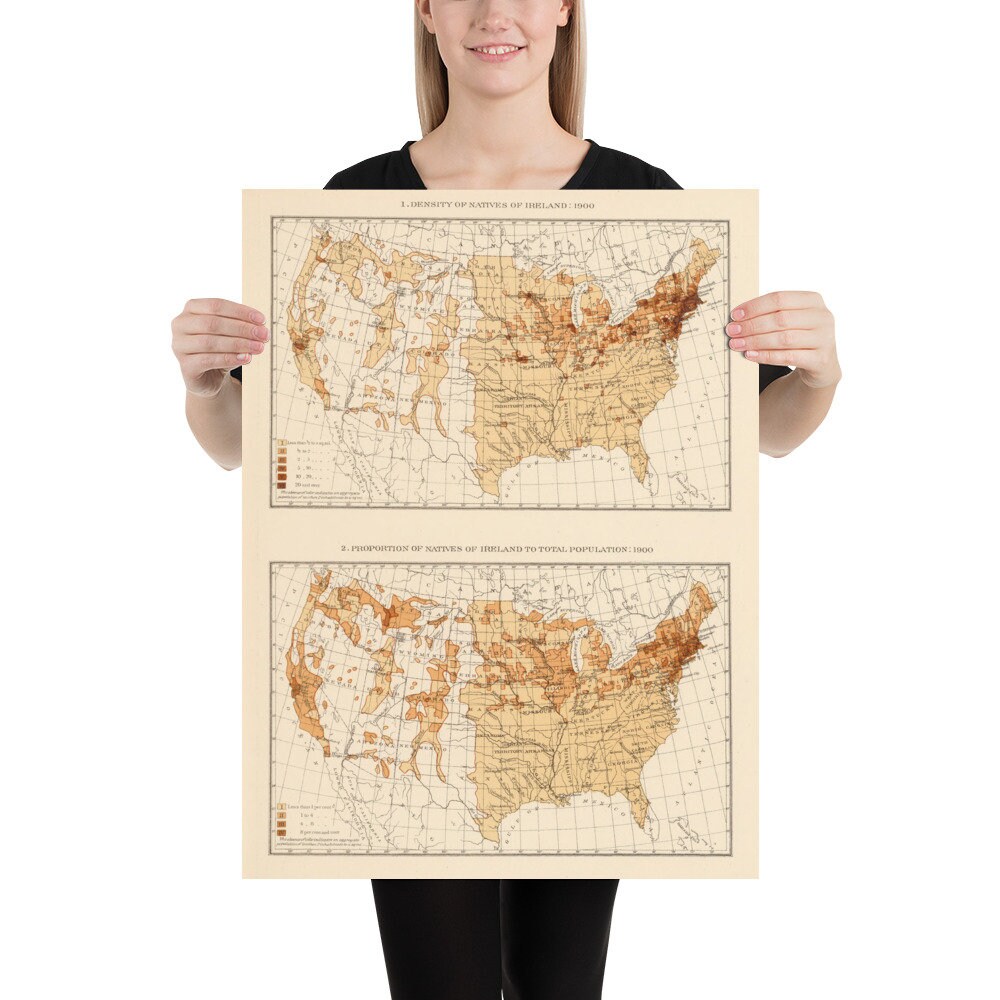 Old Us Irish Population Map 1900 Vintage United States Etsy