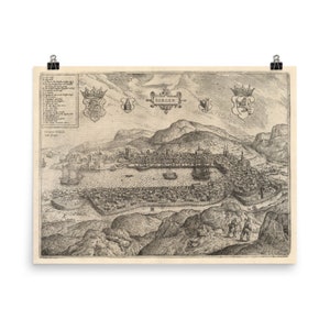 Old Bergen Norway Map (1588) Vintage Vestland City Atlas Poster