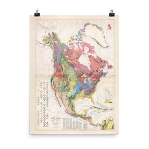 Carte géologique de l'Amérique du Nord (1865) Vieille affiche de l'Atlas géologique
