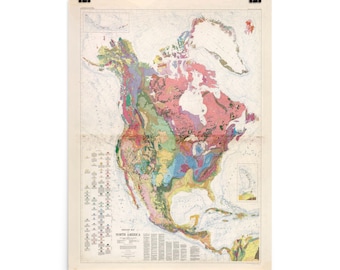 Puede incluir: Un mapa geológico vintage de América del Norte, que muestra las diferentes formaciones rocosas y características geológicas del continente. El mapa está impreso en una variedad de colores, incluyendo rojo, verde, azul y amarillo. El mapa está etiquetado con los nombres de las diferentes formaciones geológicas y características.