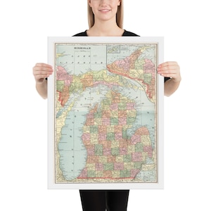 Michigan Map (1901) Old MI State & Counties Atlas Framed poster