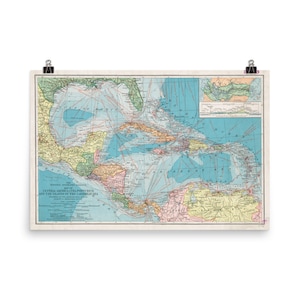 carte des Caraïbes vintage (1913) Affiche de l’Atlas maritime des Antilles