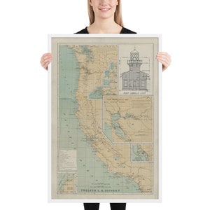 Old US West Coast Lighthouse Map (1898) vintage Pacific States Light Stations Atlas Framed poster