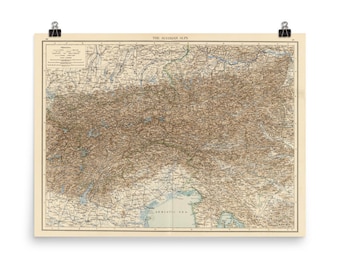 Old Austrian Alps Map (1895) Vintage Central Eastern Mountains Atlas Poster