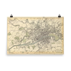 Vintage Glasgow Ecosse carte (1872) Old Scottish City et Street Atlas affiche