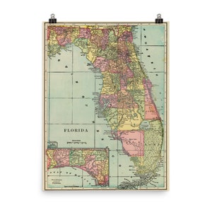 Vintage Florida Kaart (1909) FL Kleurrijke Provincies Atlas Poster