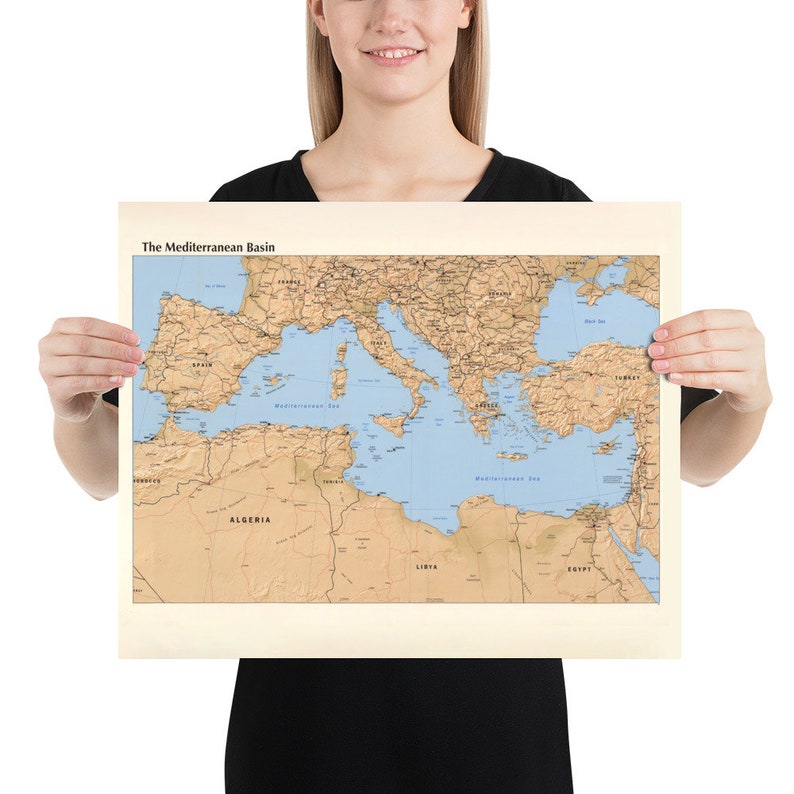 Mediterranean Sea Map (1998) Southern Europe & Northern Africa Atlas Poster