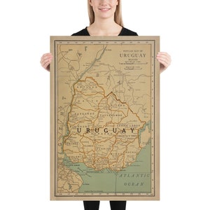 Ancienne carte de l’Uruguay (1924) affiche de l’Atlas des pays uruguayens vintage