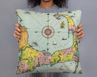 Cape Cod Map Pillow - Vintage Coastal Massachusetts Atlas Cushion