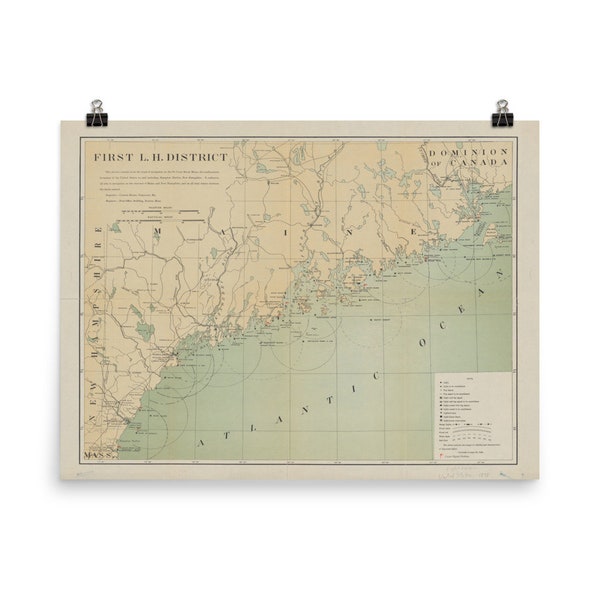 Old Maine Lighthouse Map (1898) Vintage Coastal ME Chart Poster