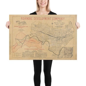 Antiguo Roanoke VA Mapa (1890) Virginia Star City of The South Vintage Atlas Poster