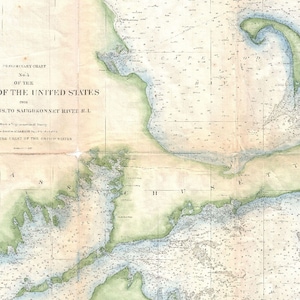 May include: A vintage nautical chart of the sea coast of the United States from Plymouth, Massachusetts to Saugkonnet River, Rhode Island. The chart is printed on paper and features a detailed map of the coastline with various markings and annotations.
