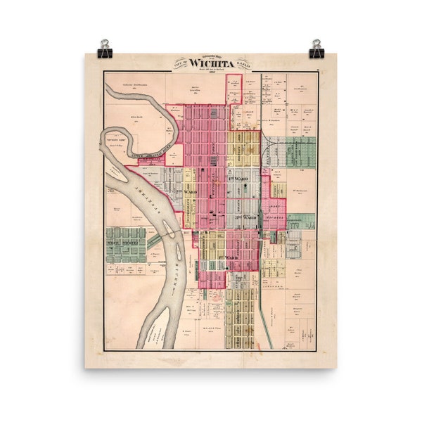 Wichita KS Map (1882) Old Kansas Air Capital of the World Atlas Poster