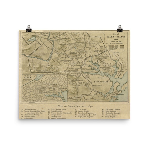 Old 1692 Salem MA Map (1866) Massachusetts Puritans Poster