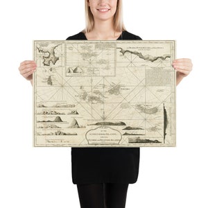 Póster Mapa Antigo das Ilhas dos Açores (1797) Carta Marítima das Ilhas Portuguesas Vintage