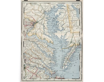 May include: An antique map of Maryland and Delaware, showing the state borders, major cities, and waterways. The map is printed on a cream-colored paper with blue, red, and brown lines and text.