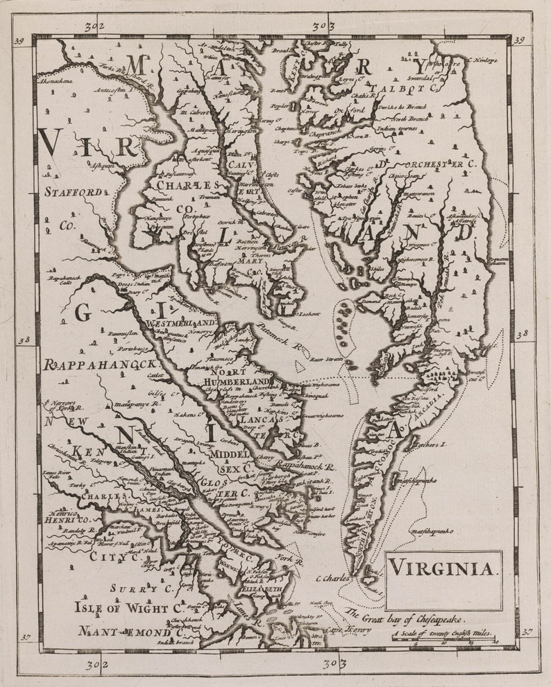 May include: A black and white map of Virginia from the 1700s. The map shows the Chesapeake Bay and the surrounding counties. The map is titled "Virginia" and includes a scale of county miles.