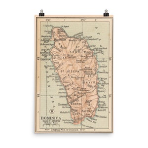 Ancienne carte de la Dominique (1919) Poster vintage de l'atlas des îles du Vent des Caraïbes