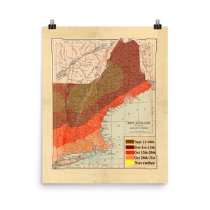 New England Fall Foliage Map (1880) Old Autumn Leaf Sbirciando Atlas Poster