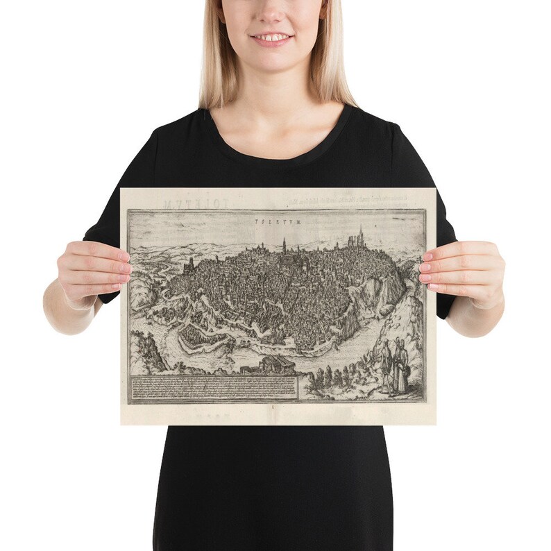Puede incluir: Un mapa vintage en blanco y negro de la ciudad de "T&uuml;bingen" de 1577. El mapa muestra la disposici&oacute;n de la ciudad con sus calles, edificios y el paisaje circundante. El mapa est&aacute; impreso en papel de color crema.