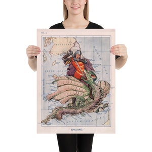 Mapa ilustrativo da velha Inglaterra de São Jorge matando o dragão (1912) Poster do atlas do folclore inglês vintage