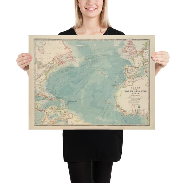 Old Atlantic Ocean Map (1912) Vintage Nautical & Maritime Port Cities Distance Chart Poster