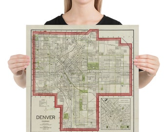 Oude Denver CO Kaart (1908) Vintage Colorado State Capital City &Street Atlas Poster