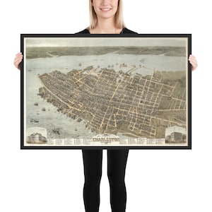 Charleston SC Mapa (1872) Birds Eye Perspective Atlas Cartel enmarcado