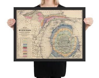 May include: A vintage map of the state of Michigan, showing geological formations. The map is colored in shades of blue, green, yellow, orange, pink, and red. The map is framed in black.
