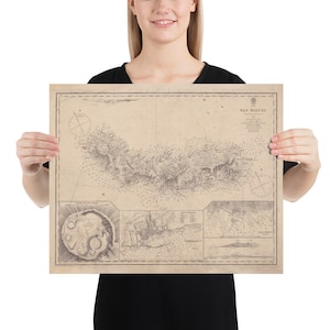 古いサンミゲル島地図 (1854) ヴィンテージ アゾレス諸島 Ilha Verde Isle チャート ポスター