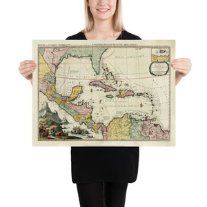 Alte Karibik Karte beschriftet auf Französisch (1705) Vintage Westindischen Atlas Poster