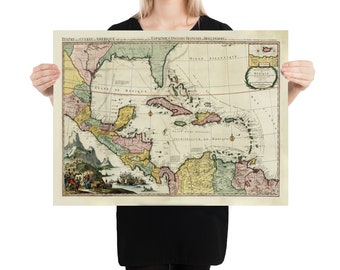 Old Caribbean Map Labeled in French (1705) Vintage West Indies Atlas Poster