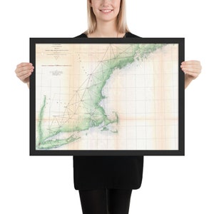 Mapa antigo da costa da Nova Inglaterra (1864) Cartaz emoldurado do atlas náutico vintage da Nova Inglaterra