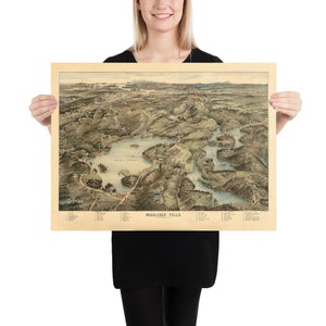 May include: Vintage map of Middlesex Fells, a large park in Massachusetts, with detailed illustrations of the landscape and surrounding areas. The map is printed on a cream-colored paper with brown text and illustrations.